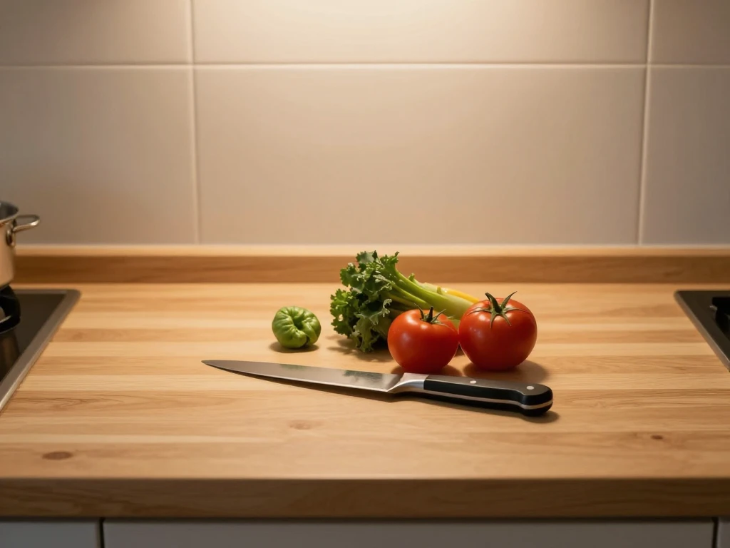 Soft kitchen lighting over a calm preparation surface